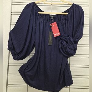 Talbots Navy Peasant Blouse with Balloon Sleeves